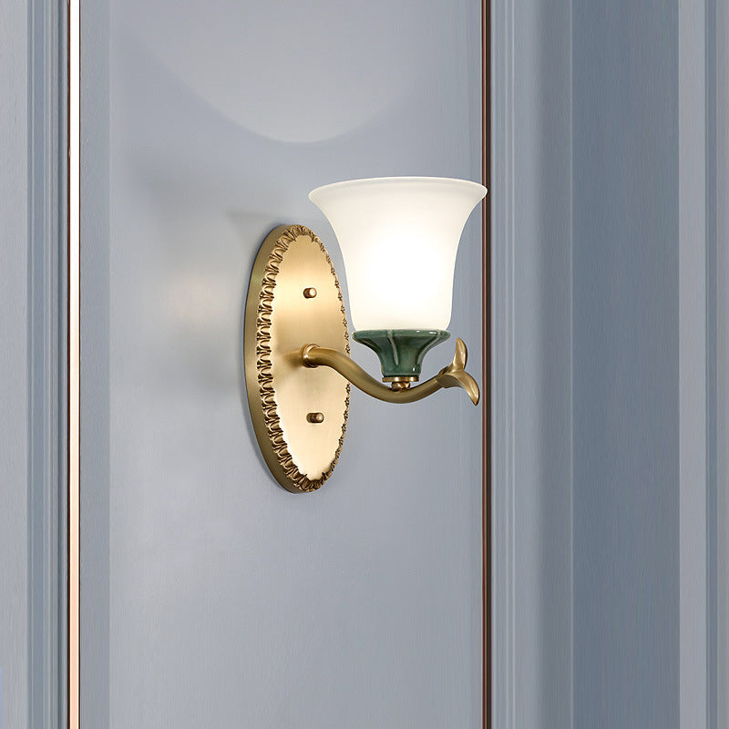 Skørter | Frosted Glass Brass Wall Lamp Bell 1/2-Light Vintage Wall Mount Lighting Fixture with Elliptical Backplate for Entrance