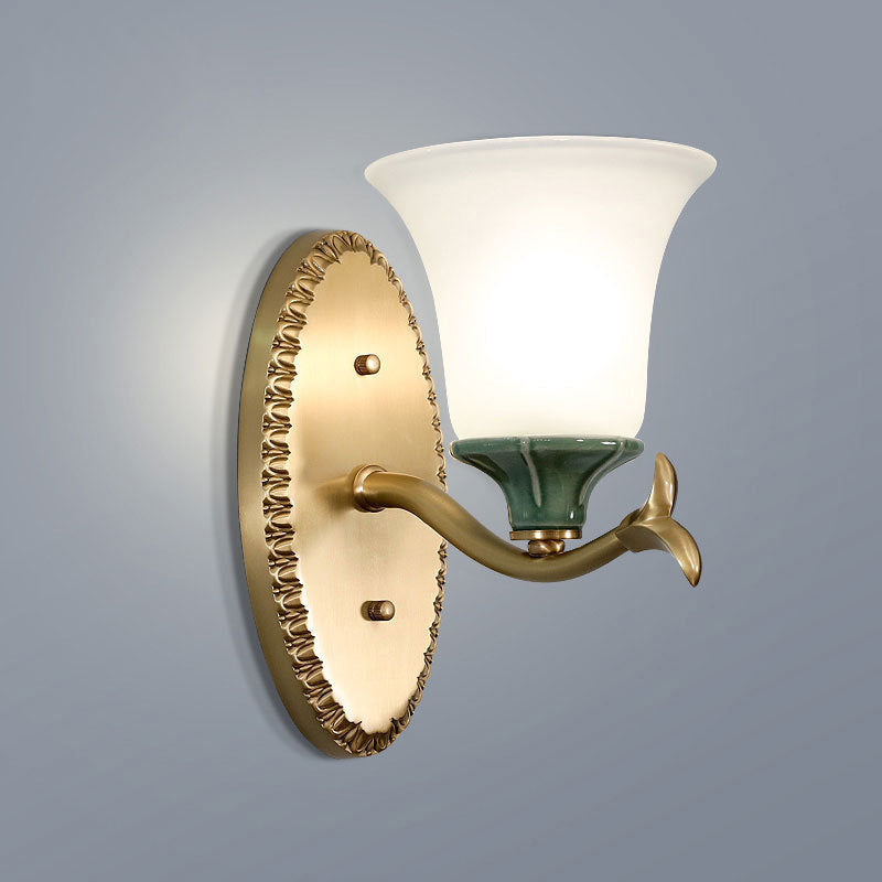 Skørter | Frosted Glass Brass Wall Lamp Bell 1/2-Light Vintage Wall Mount Lighting Fixture with Elliptical Backplate for Entrance