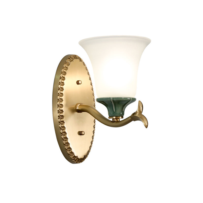 Skørter | Frosted Glass Brass Wall Lamp Bell 1/2-Light Vintage Wall Mount Lighting Fixture with Elliptical Backplate for Entrance
