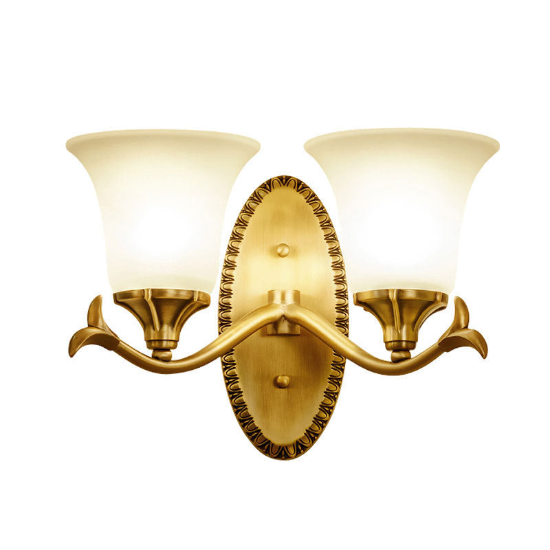Skørter | Frosted Glass Brass Wall Lamp Bell 1/2-Bowl Vintage Wall Lighting with Elliptical Back Plate for Study