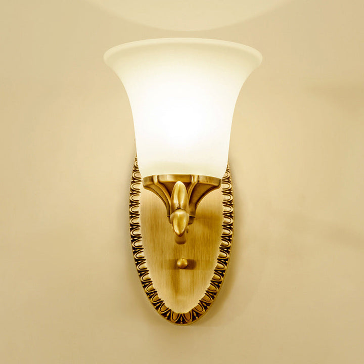 Skørter | Frosted Glass Brass Wall Lamp Bell 1/2-Bowl Vintage Wall Lighting with Elliptical Back Plate for Study