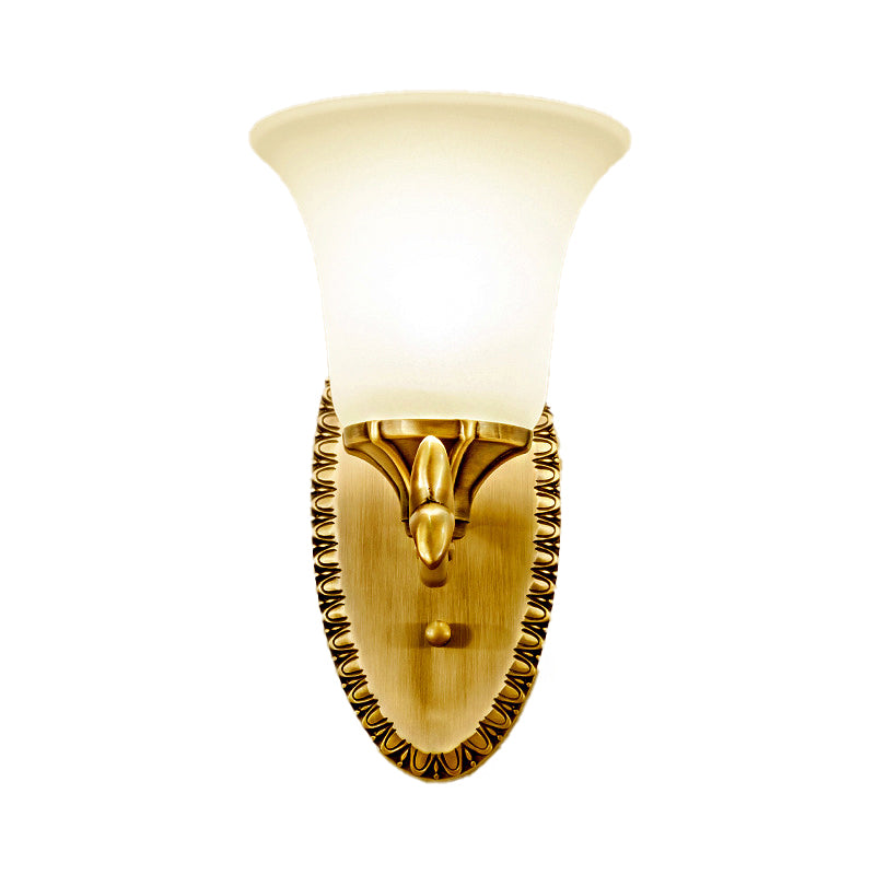 Skørter | Frosted Glass Brass Wall Lamp Bell 1/2-Bowl Vintage Wall Lighting with Elliptical Back Plate for Study
