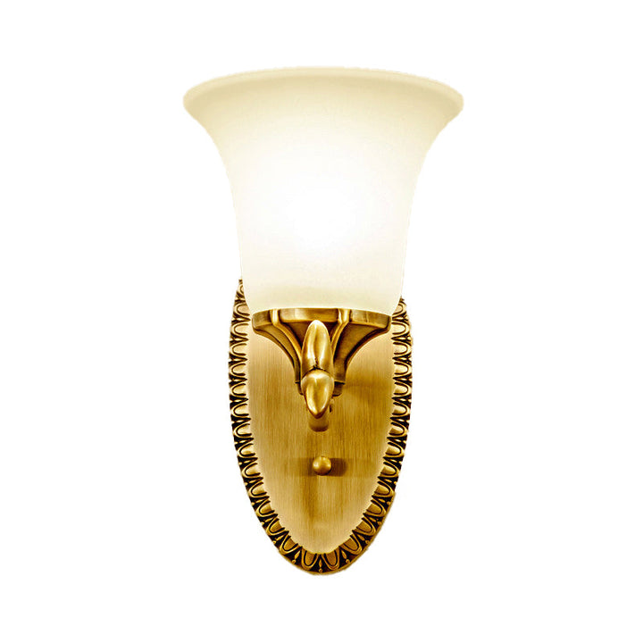 Skørter | Frosted Glass Brass Wall Lamp Bell 1/2-Bowl Vintage Wall Lighting with Elliptical Back Plate for Study