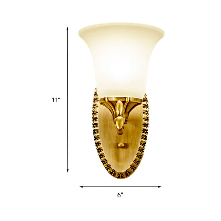Skørter | Frosted Glass Brass Wall Lamp Bell 1/2-Bowl Vintage Wall Lighting with Elliptical Back Plate for Study