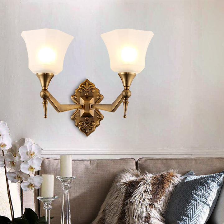 Skørter | Traditional Flared Wall-Mounted Lamp 1/2-Light A Frosted Glass Shade Wall Sconce Light in Gold for Bathroom