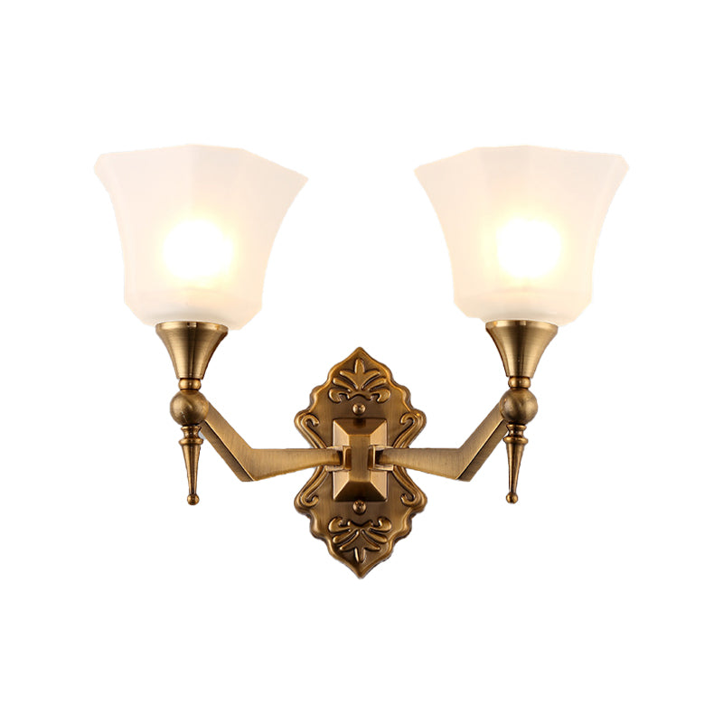 Skørter | Traditional Flared Wall-Mounted Lamp 1/2-Light A Frosted Glass Shade Wall Sconce Light in Gold for Bathroom