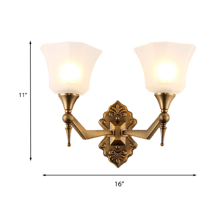 Skørter | Traditional Flared Wall-Mounted Lamp 1/2-Light A Frosted Glass Shade Wall Sconce Light in Gold for Bathroom