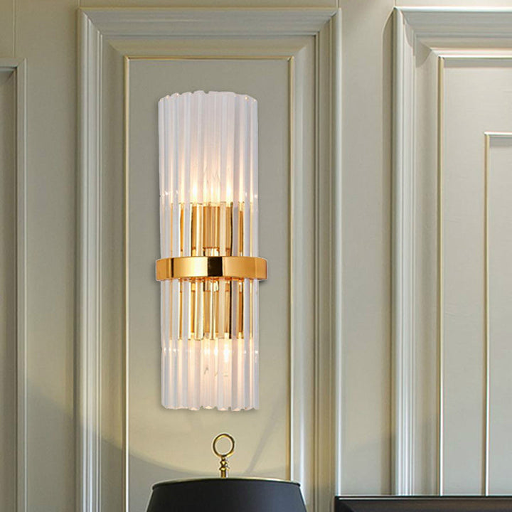 Lisslune | 2 Light Living Room Wall Mounted Lamp Modern Brass Finish Wall Light with Cylindrical Clear Crystal Shade