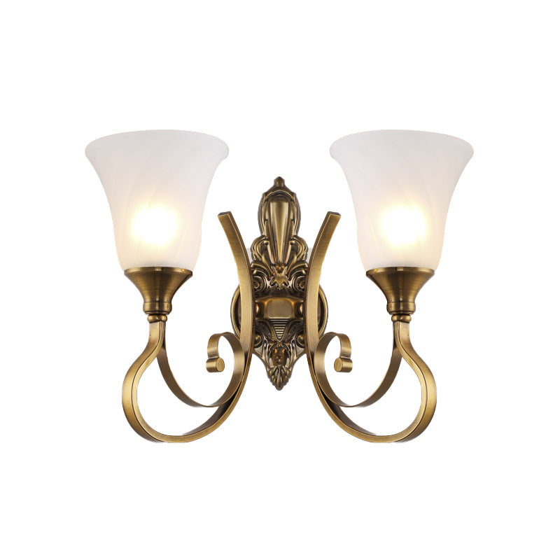 Skørter | Retro Bell Wall Lamp 1/2-Light Frosted Glass Wall Boutique Light with Metal Curved Arm in Gold for Veranda