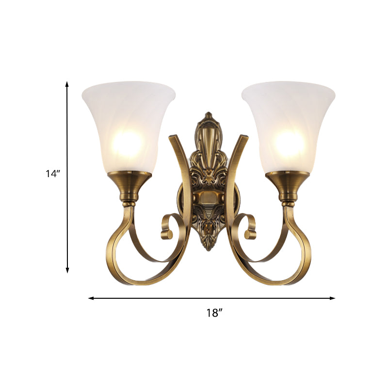 Skørter | Retro Bell Wall Lamp 1/2-Light Frosted Glass Wall Boutique Light with Metal Curved Arm in Gold for Veranda
