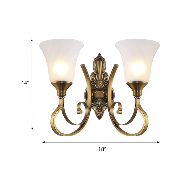 Skørter | Retro Bell Wall Lamp 1/2-Light Frosted Glass Wall Boutique Light with Metal Curved Arm in Gold for Veranda