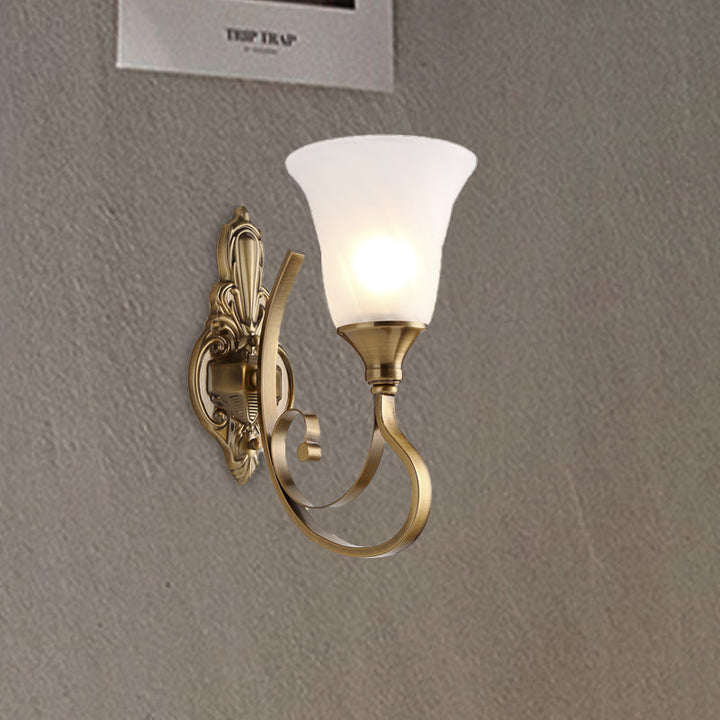 Skørter | Retro Bell Wall Lamp 1/2-Light Frosted Glass Wall Boutique Light with Metal Curved Arm in Gold for Veranda