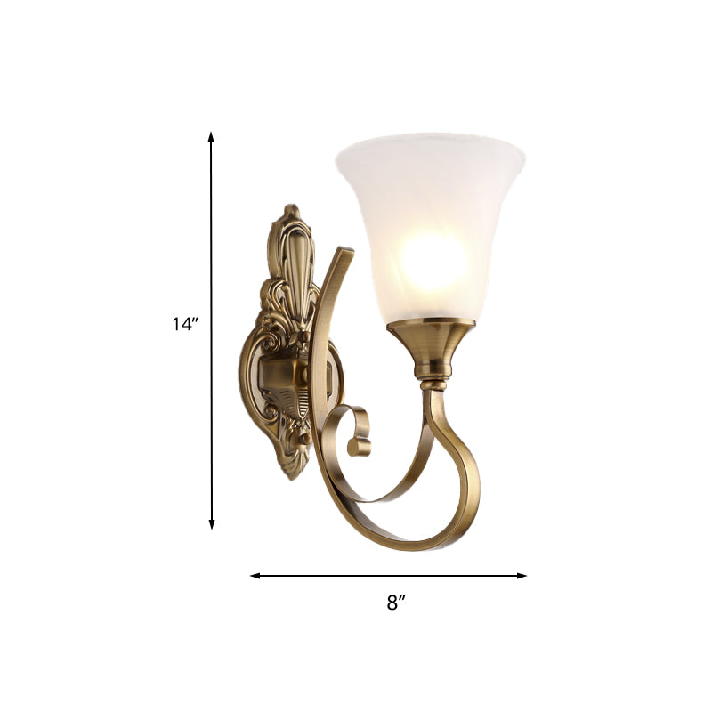 Skørter | Retro Bell Wall Lamp 1/2-Light Frosted Glass Wall Boutique Light with Metal Curved Arm in Gold for Veranda
