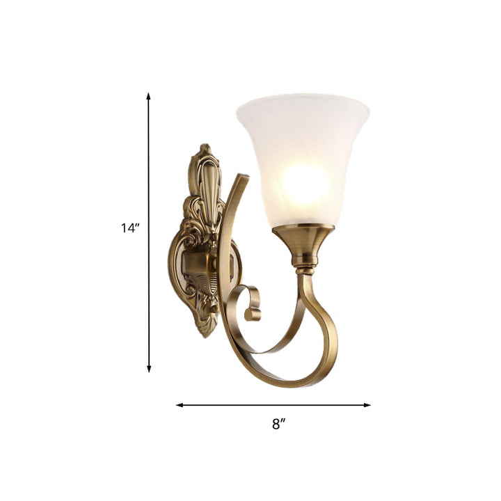 Skørter | Retro Bell Wall Lamp 1/2-Light Frosted Glass Wall Boutique Light with Metal Curved Arm in Gold for Veranda