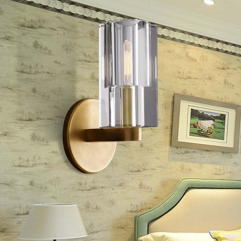 Lisslune | Cylinder Clear Crystal Wall Lamp Modernist 1 Light Wall Sconce with Round Backplate in Brass