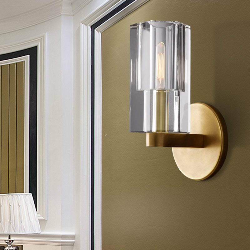 Lisslune | Cylinder Clear Crystal Wall Lamp Modernist 1 Light Wall Sconce with Round Backplate in Brass