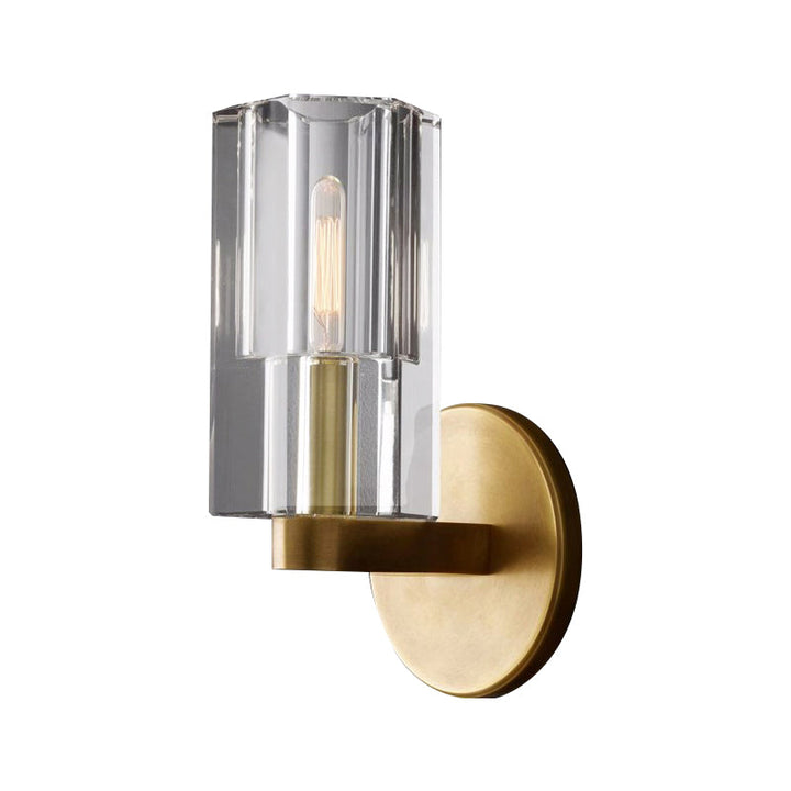 Lisslune | Cylinder Clear Crystal Wall Lamp Modernist 1 Light Wall Sconce with Round Backplate in Brass