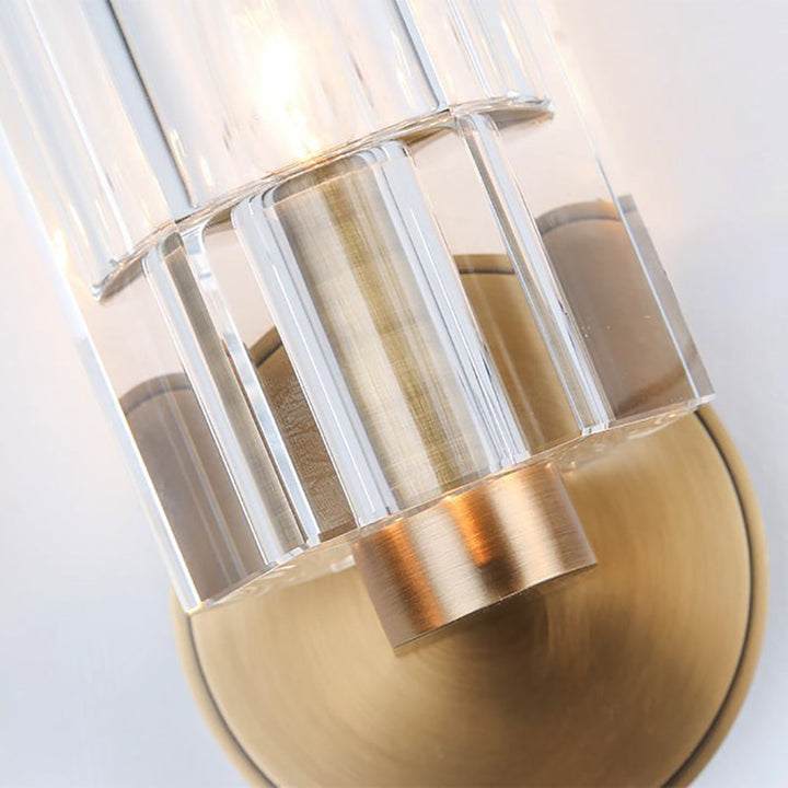 Lisslune | Cylinder Clear Crystal Wall Lamp Modernist 1 Light Wall Sconce with Round Backplate in Brass