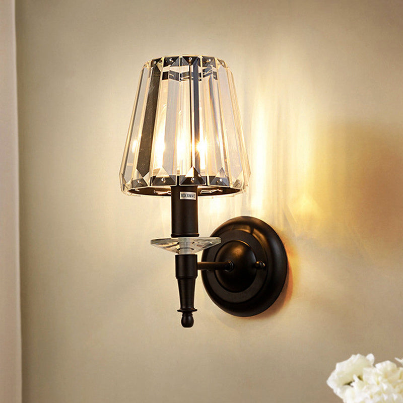 Lisslune | Cone clear crystal wall light sconce contemporary 1 light black wall lamp with round metal backplate