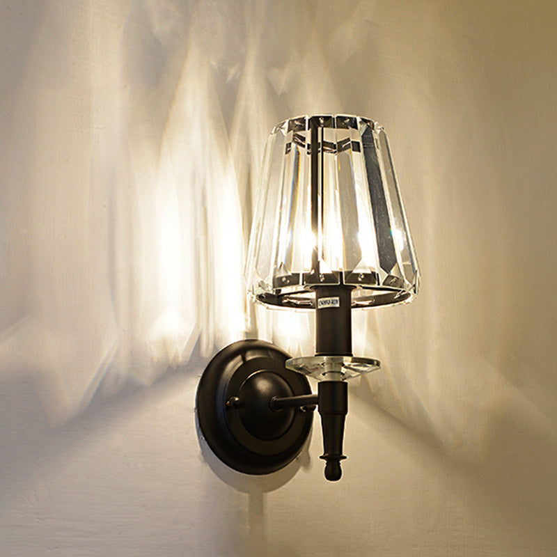 Lisslune | Cone clear crystal wall light sconce contemporary 1 light black wall lamp with round metal backplate