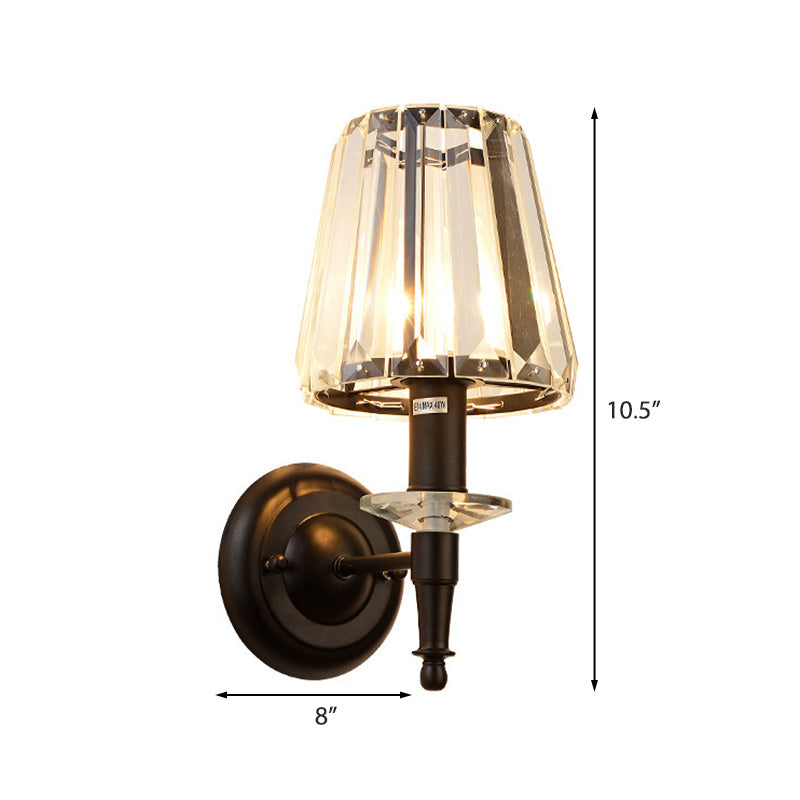 Lisslune | Cone clear crystal wall light sconce contemporary 1 light black wall lamp with round metal backplate