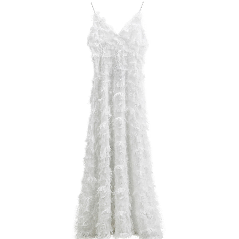 Ladies maxi dress with trendy fringes and seductive V-neck Lisslune