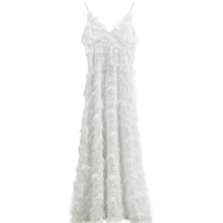 Ladies maxi dress with trendy fringes and seductive V-neck Lisslune