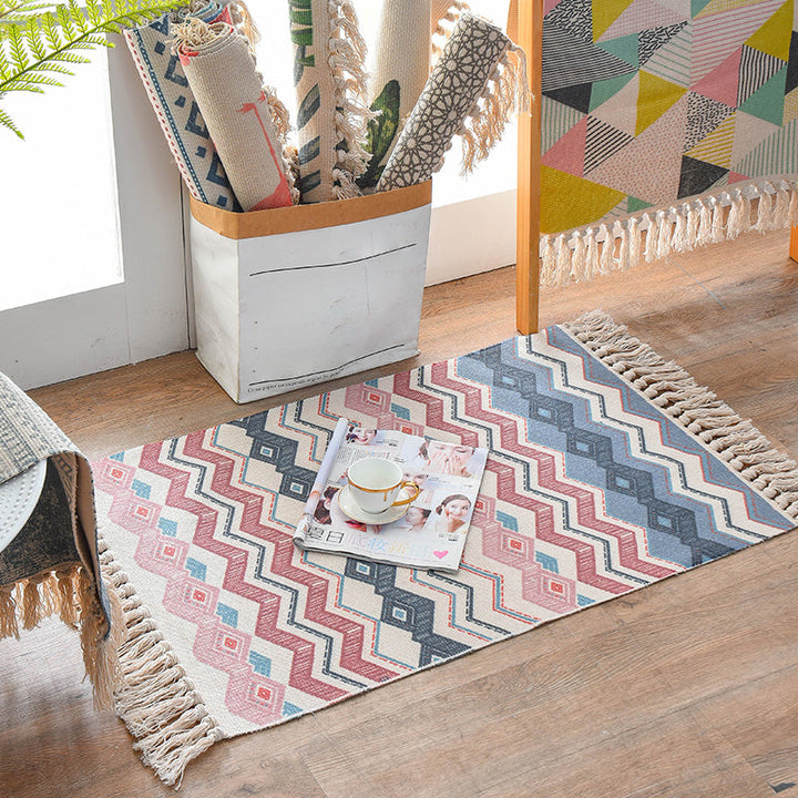 Lisslune | Western Bedroom Rug Multicolored Geometric Print Rug Polyester Handwoven Pet-Friendly Area Rug with Fringes
