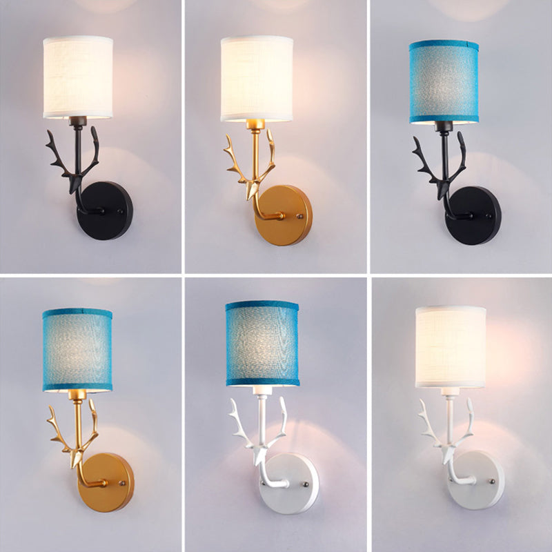Skørter | Fabric Cylinder Wall Mount Light Minimalism 1-Light Living Room Wall Lighting with Deer Accent