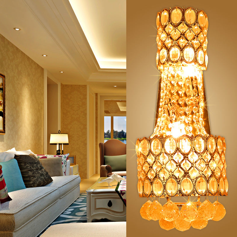 Lisslune | Beaded Wall Mount Light Vintage Metal 2 Bulbs Gold Wall Light with Cascading Clear Crystal Accents for Hallway