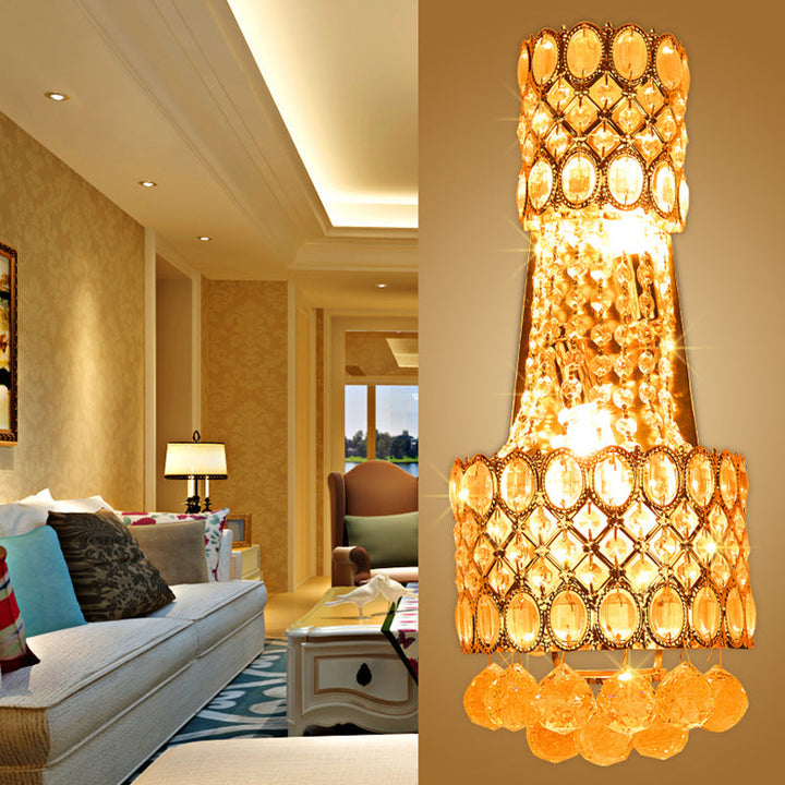 Lisslune | Beaded Wall Mount Light Vintage Metal 2 Bulbs Gold Wall Light with Cascading Clear Crystal Accents for Hallway