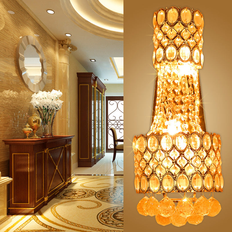 Lisslune | Beaded Wall Mount Light Vintage Metal 2 Bulbs Gold Wall Light with Cascading Clear Crystal Accents for Hallway