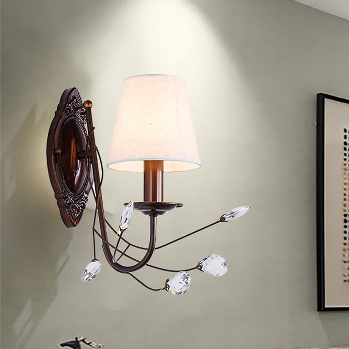 Lisslune | Conical Fabric Wall Lamp Modern Style 1/2-Light White Wall Light with Clear Crystal Accent