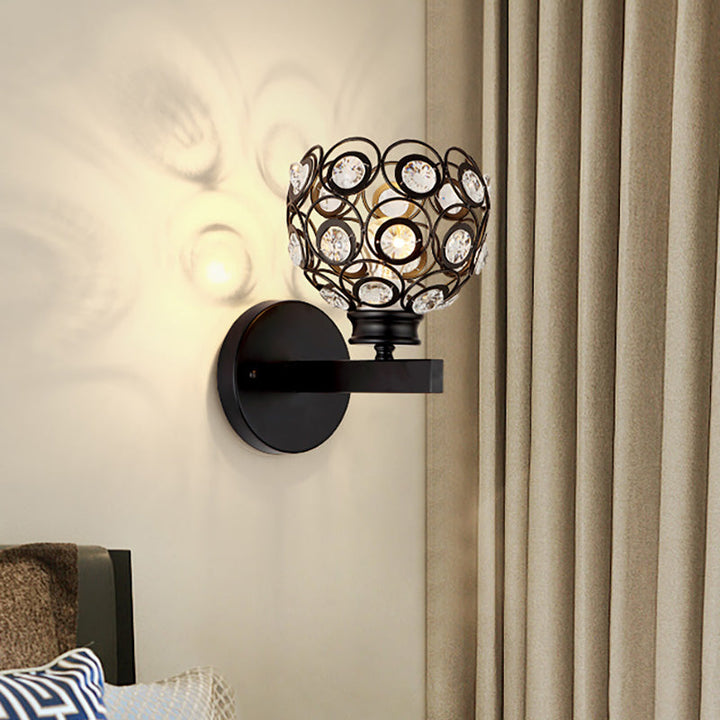 Lisslune | Dome Clear Crystal Wall Lamp Modernist Style 1 Bulb Black/Brass Finish Wall Lighting Fixture for Bedroom