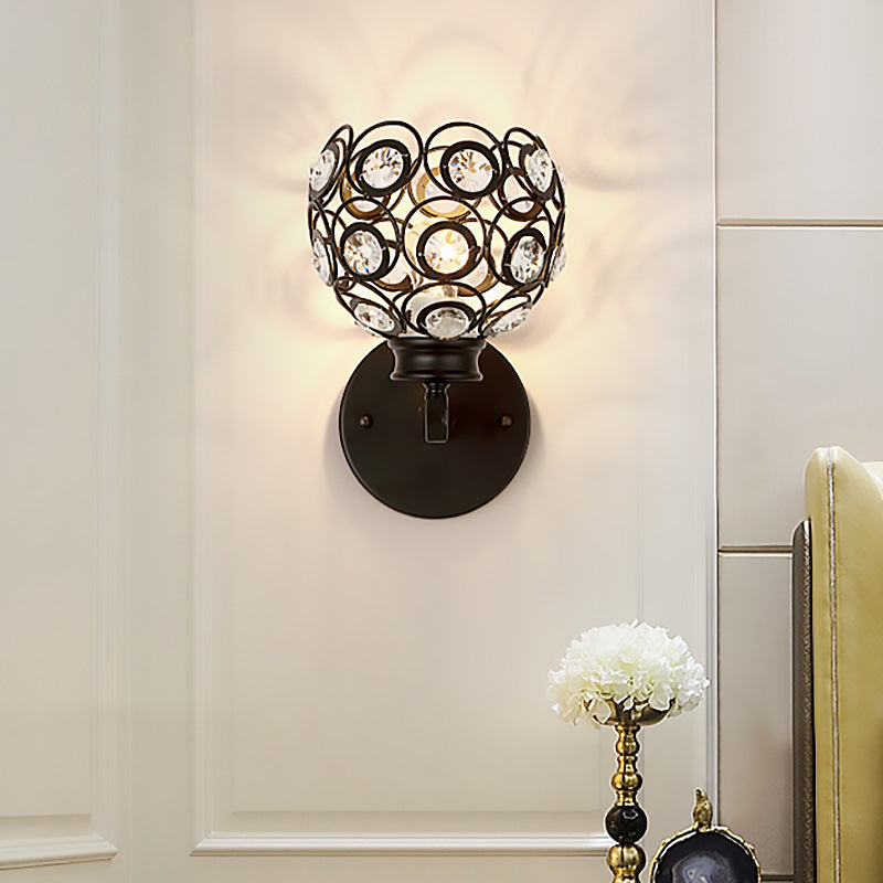 Lisslune | Dome Clear Crystal Wall Lamp Modernist Style 1 Bulb Black/Brass Finish Wall Lighting Fixture for Bedroom