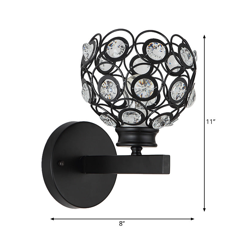 Lisslune | Dome Clear Crystal Wall Lamp Modernist Style 1 Bulb Black/Brass Finish Wall Lighting Fixture for Bedroom