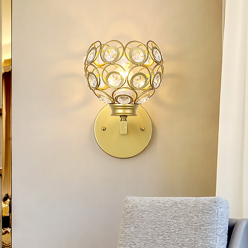 Lisslune | Dome Clear Crystal Wall Lamp Modernist Style 1 Bulb Black/Brass Finish Wall Lighting Fixture for Bedroom