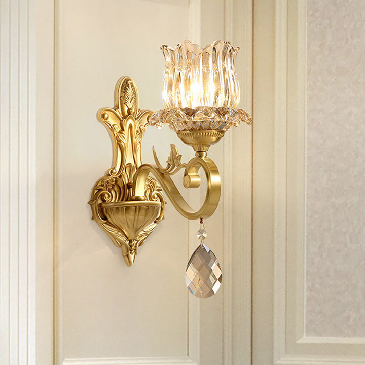 Lisslune | Clear Crystal Flower Wall Lights Contemporary 1-Light Wall Sconce with Carved Arm in Gold for Hallway