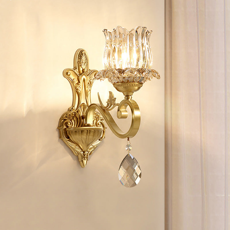Lisslune | Clear Crystal Flower Wall Lights Contemporary 1-Light Wall Sconce with Carved Arm in Gold for Hallway