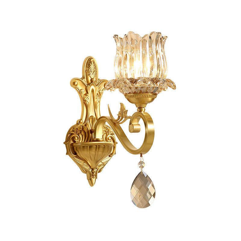 Lisslune | Clear Crystal Flower Wall Lights Contemporary 1-Light Wall Sconce with Carved Arm in Gold for Hallway