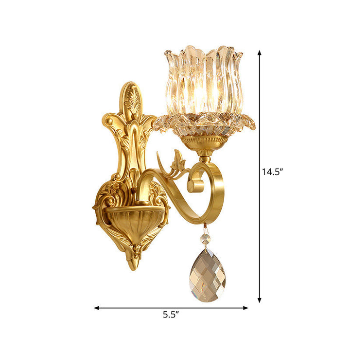 Lisslune | Clear Crystal Flower Wall Lights Contemporary 1-Light Wall Sconce with Carved Arm in Gold for Hallway