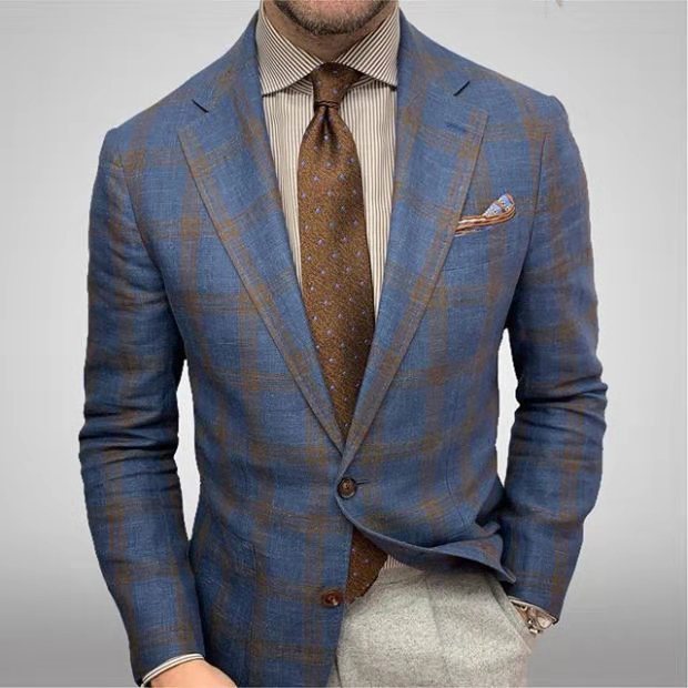 Men's elegant plaid pattern blazer jacket with slim fit Lisslune