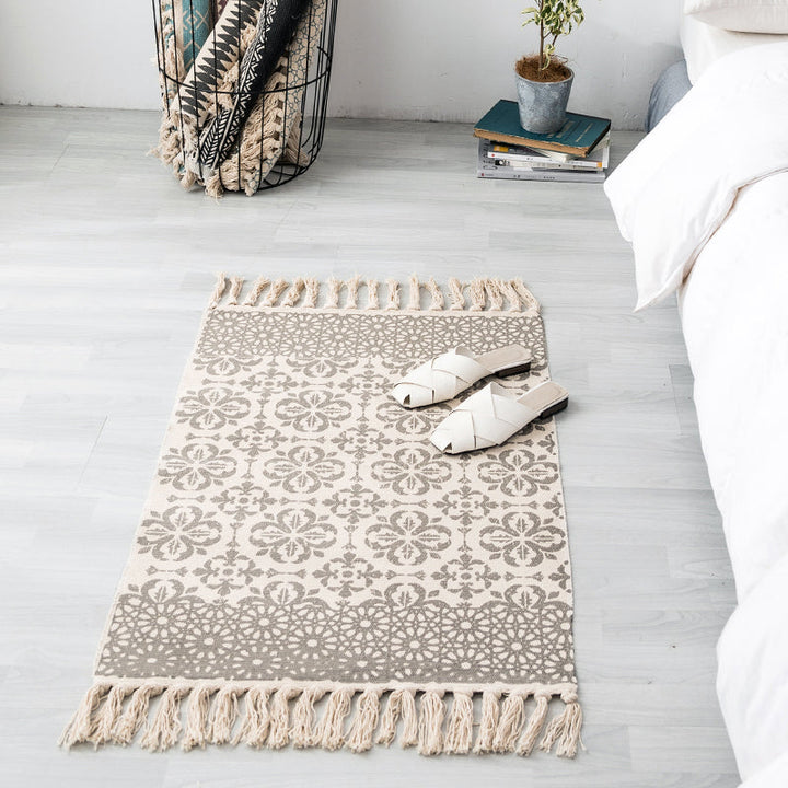 Lisslune | Ethnic geometric pattern rug Multi-color cotton blend area rug machine washable handwoven rug with fringes for room