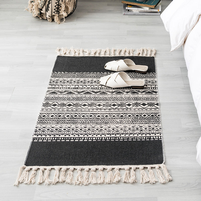 Lisslune | Ethnic geometric pattern rug Multi-color cotton blend area rug machine washable handwoven rug with fringes for room