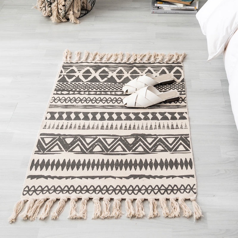 Lisslune | Ethnic geometric pattern rug Multi-color cotton blend area rug machine washable handwoven rug with fringes for room