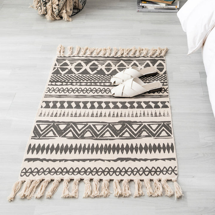 Lisslune | Ethnic geometric pattern rug Multi-color cotton blend area rug machine washable handwoven rug with fringes for room