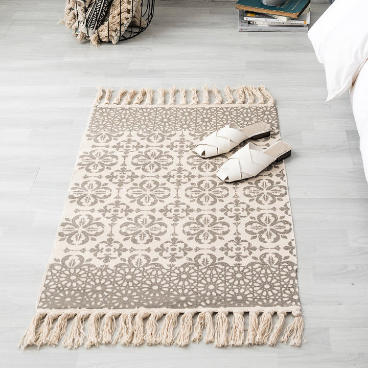 Lisslune | Ethnic geometric pattern rug Multi-color cotton blend area rug machine washable handwoven rug with fringes for room