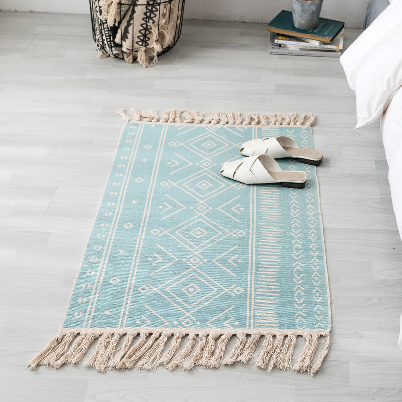 Lisslune | Ethnic geometric pattern rug Multi-color cotton blend area rug machine washable handwoven rug with fringes for room