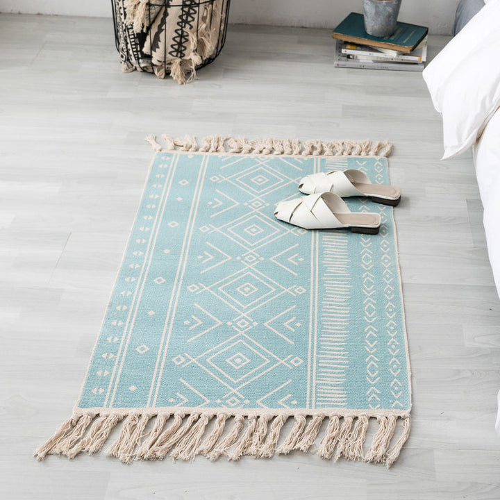 Lisslune | Ethnic geometric pattern rug Multi-color cotton blend area rug machine washable handwoven rug with fringes for room
