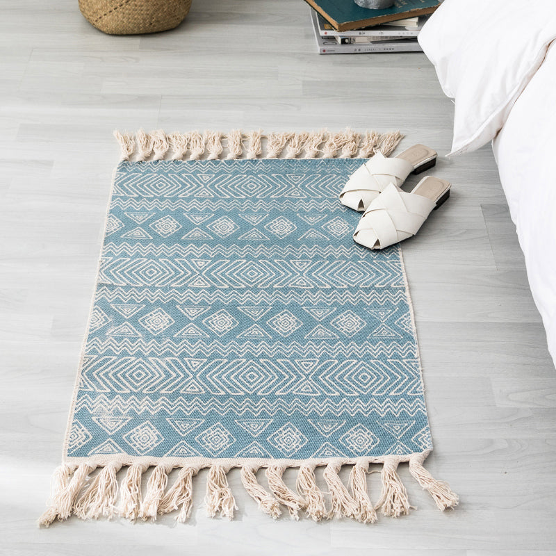 Lisslune | Ethnic geometric pattern rug Multi-color cotton blend area rug machine washable handwoven rug with fringes for room